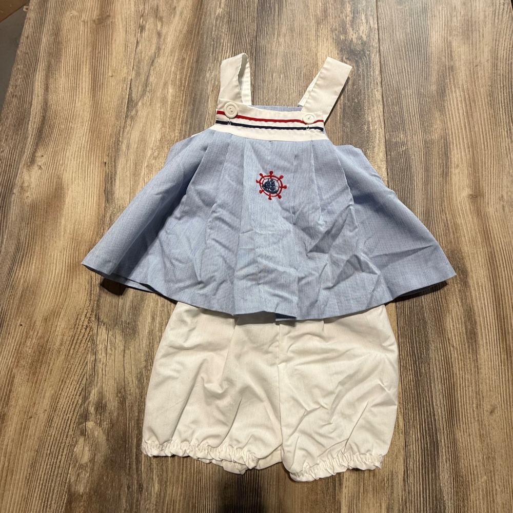 Vintage Nautical 2pc Shorts Set Blue White Seersucker Coastal